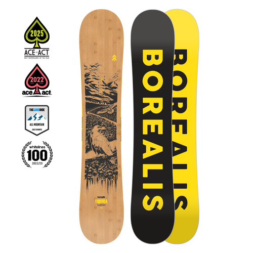 Borealis Tundra Snowboard—All-Mountain twin shape with bamboo topsheet and Carbon Power Strips.